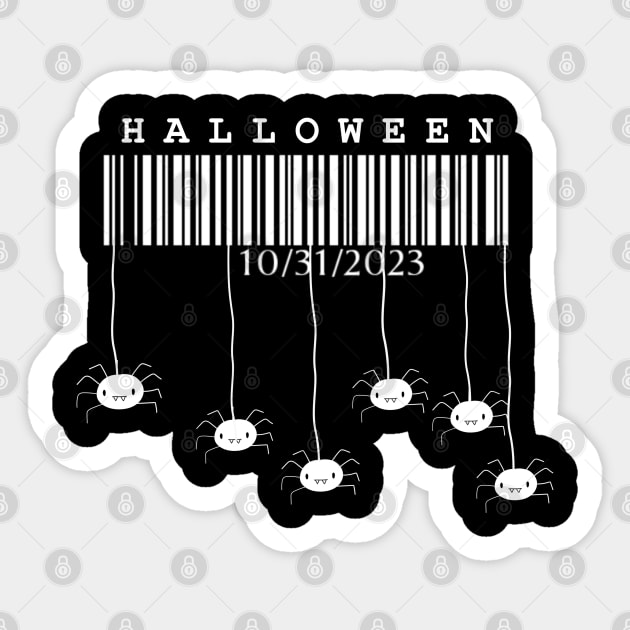 Halloween, white barcode with spiders on black background Sticker by PopArtyParty